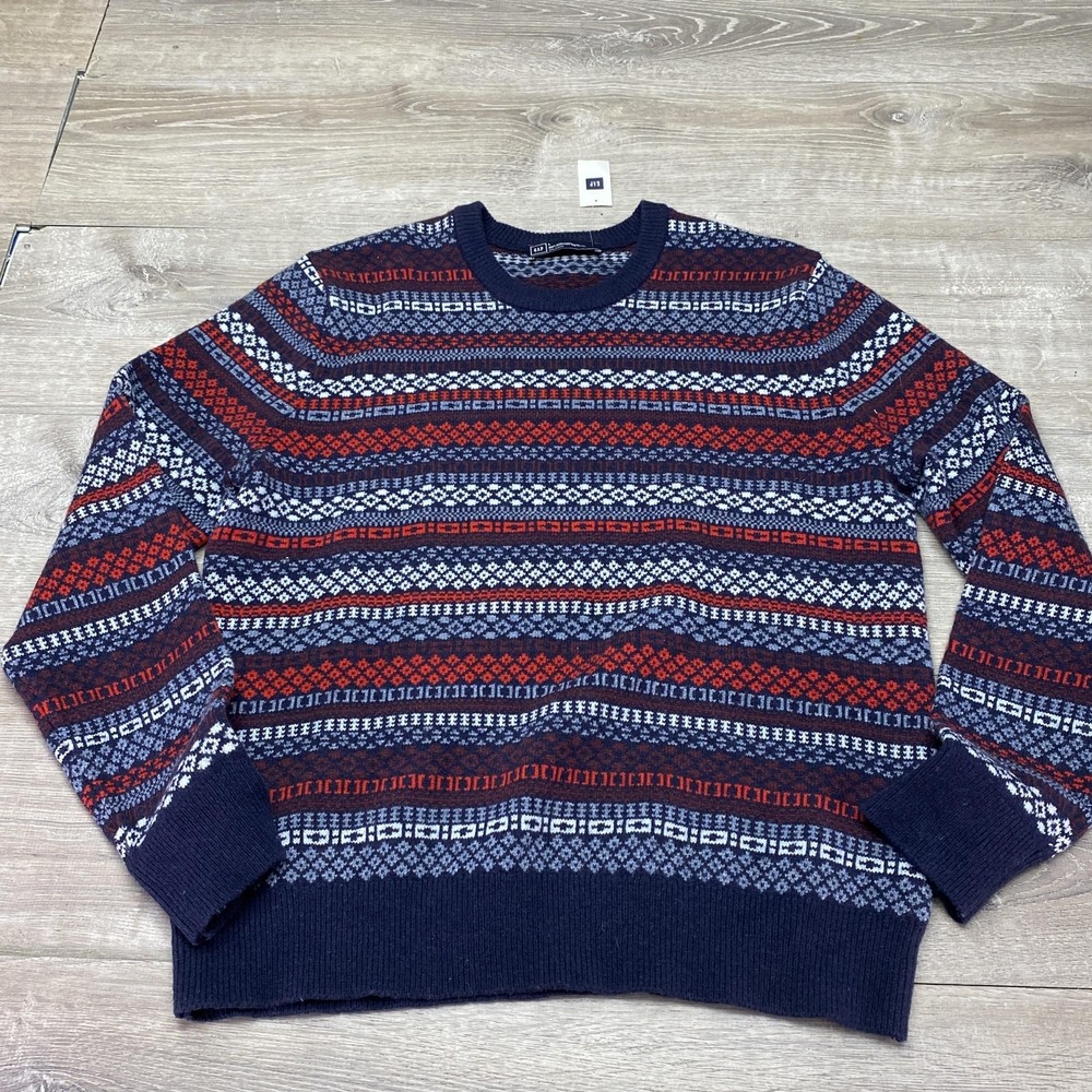 Gap Sweater Mens Large Blue Lambswool Nylon Fair Isle Crewneck Pullover Knit